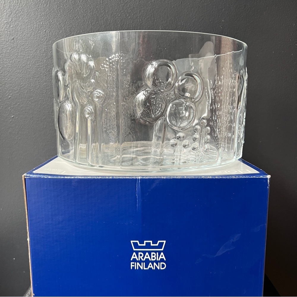 Arabia Finland Flora Large Clear Crystal Glass Bowl w Box Mid Century Modern MCM